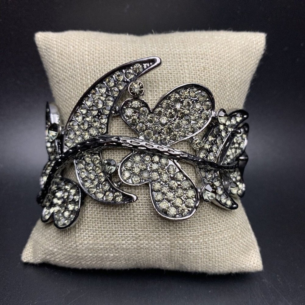 Chunky Butterfly Leaf Hinged Bangle Bracelet Smoky Rhinestone Gunmetal Bold 6.75